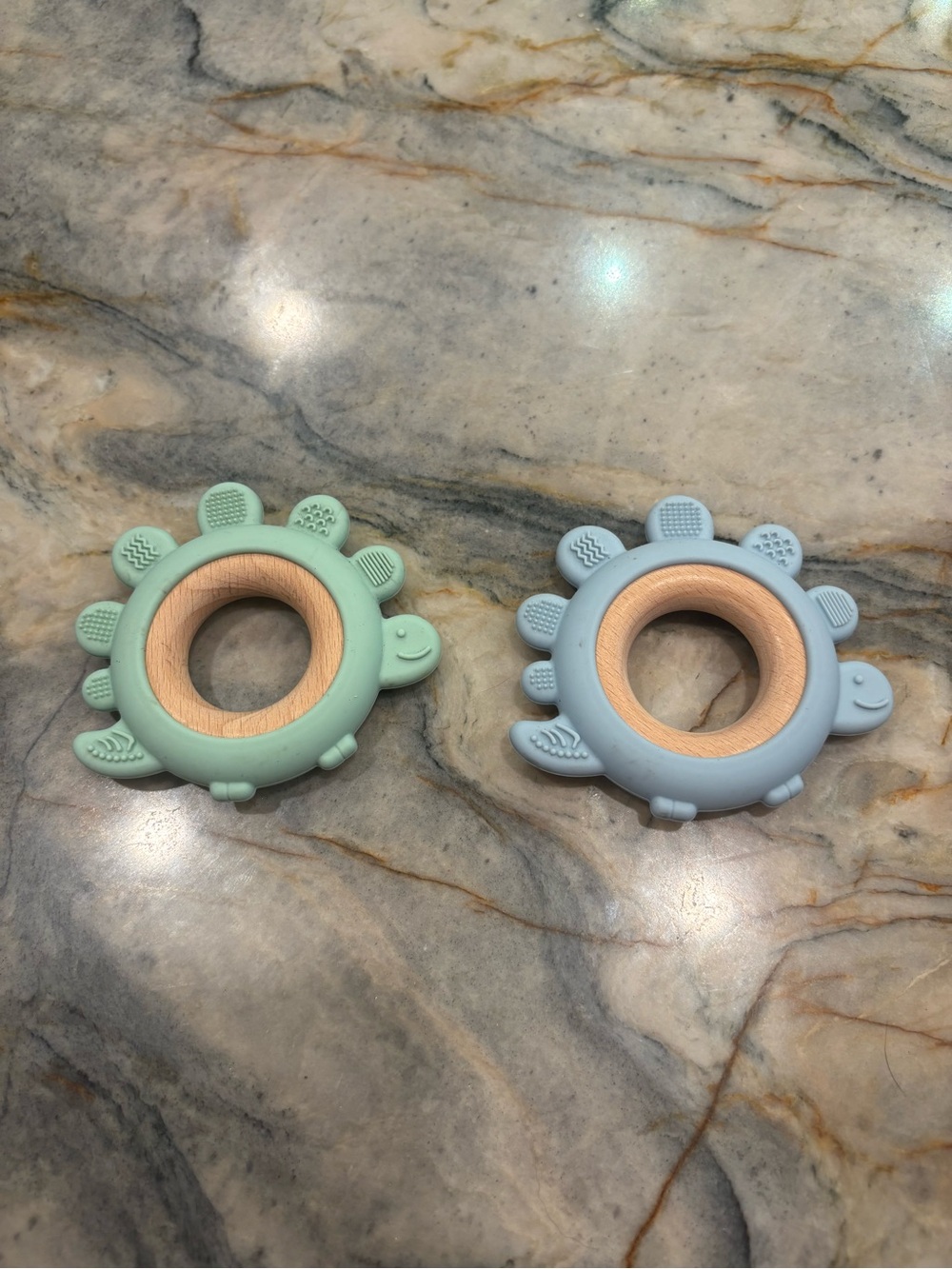Silicone & Wood Turtle Teether Ring - Mint and Light Blue (Set of 2)